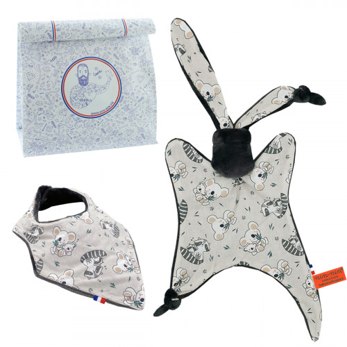 Coffret de naissance doudou et bavoir Raccoon. Original et fabriqué en France. Marque Nin-Nin