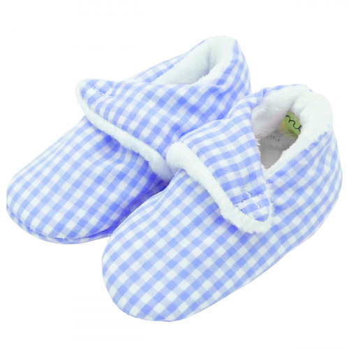 Chaussons bas "Le Vichy Bleu". Cadeau de Naissance Made in France nourrisson. Doudou Nin-Nin