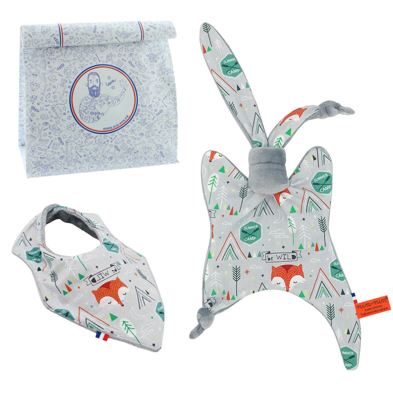 Coffret de naissance doudou et bavoir Fox. Original et fabriqué en France. Marque Nin-Nin