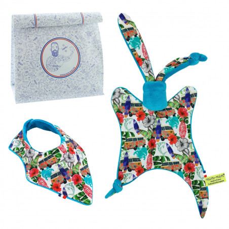 Coffret de naissance doudou et bavoir Hawaï. Original et fabriqué en France. Marque Nin-Nin