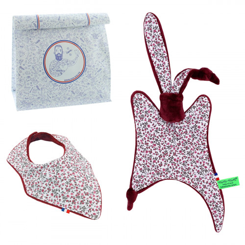 Coffret de naissance doudou et bavoir Nicole. Original et fabriqué en France. Marque Nin-Nin