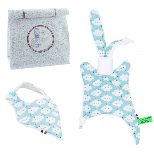 Coffret de naissance doudou et bavoir Nimbus Bleu. Original et fabriqué en France. Marque Nin-Nin