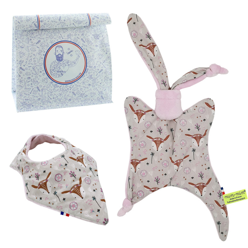 Coffret de naissance doudou et bavoir Bohème. Original et fabriqué en France. Marque Nin-Nin