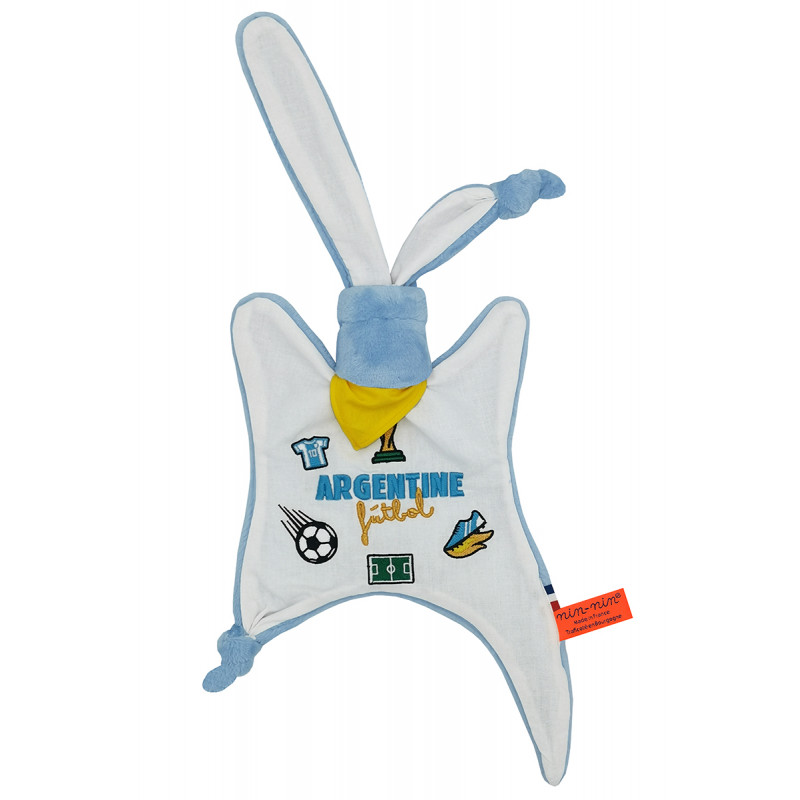 Doudou Foot Argentine. Coupe du monde de la Fifa 2022. Cadeau de naissance personnalisé et made in France. Doudou Nin-Nin