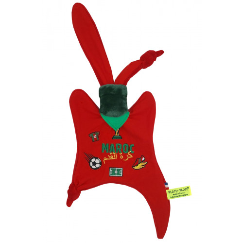 Doudou Foot Maroc. Coupe du monde de la Fifa 2022. Cadeau de naissance personnalisé et made in France. Doudou Nin-Nin