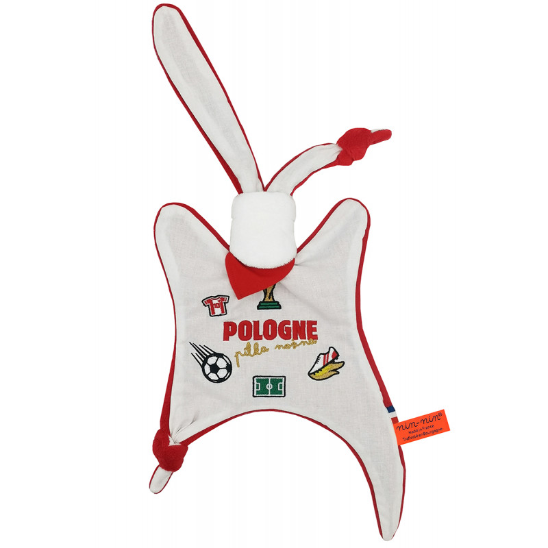 Doudou Foot Pologne. Coupe du monde de la Fifa 2022. Cadeau de naissance personnalisé et made in France. Doudou Nin-Nin