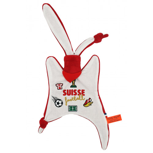 Doudou Foot Suisse. Coupe du monde de la Fifa 2022. Cadeau de naissance personnalisé et made in France. Doudou Nin-Nin